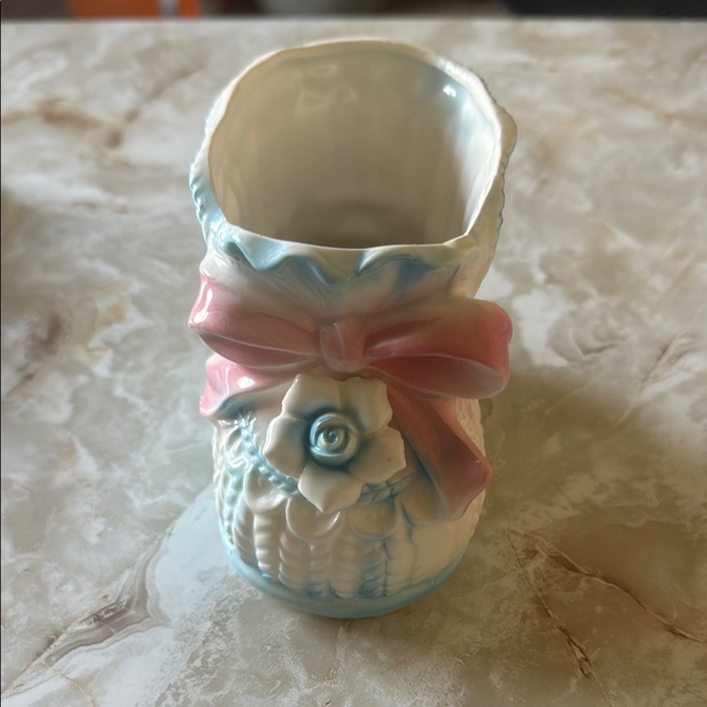 Made in Japan EUC Charming Ceramic Boot Vase with Pink and Blue Accents